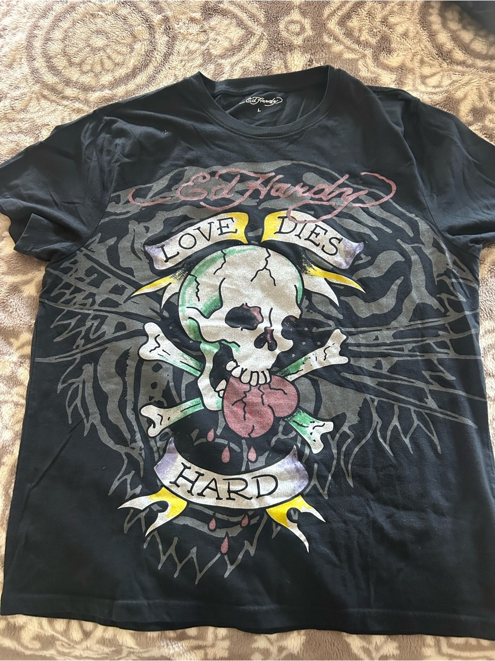 Ed Hardy Black Short Sleeve Tee with Multicolor Skull Graphic
